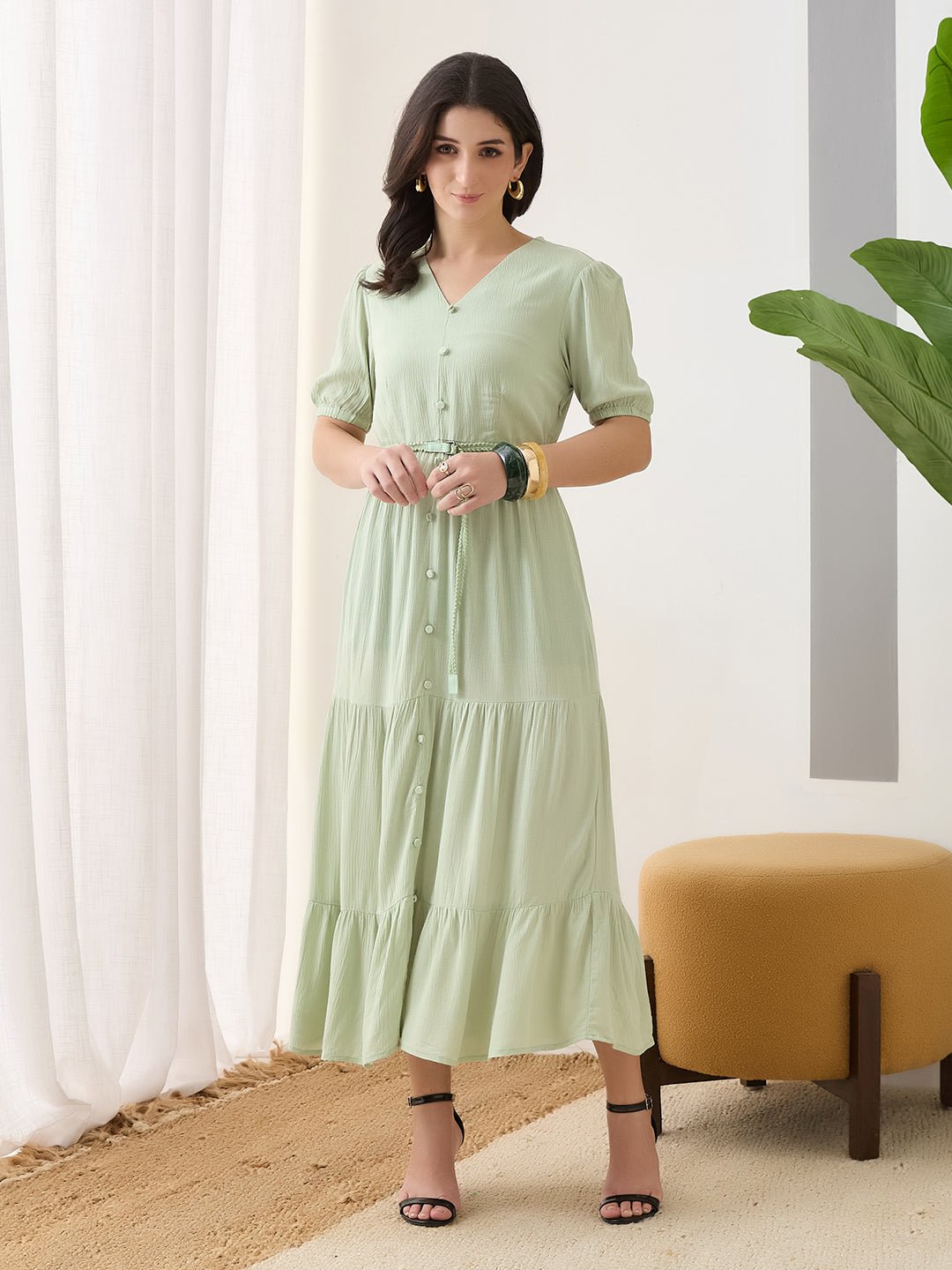 Latin Quarters Women Green Solid Half Sleeves V-Neck Midi Casual Dress