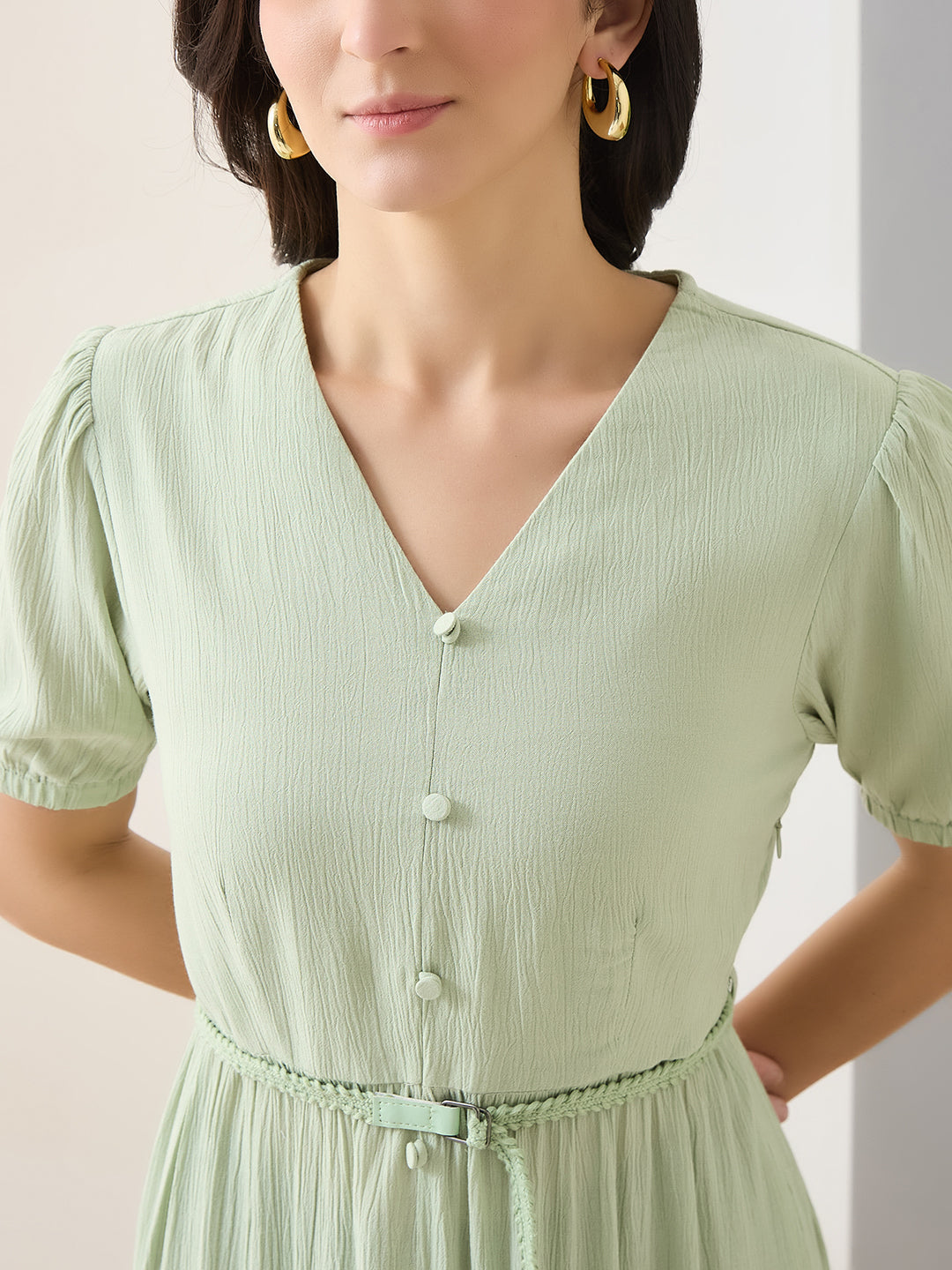 Latin Quarters Women Green Solid Half Sleeves V-Neck Midi Casual Dress