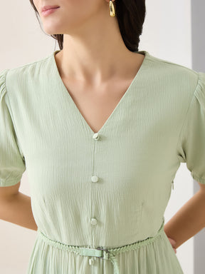 Latin Quarters Women Green Solid Half Sleeves V-Neck Midi Casual Dress