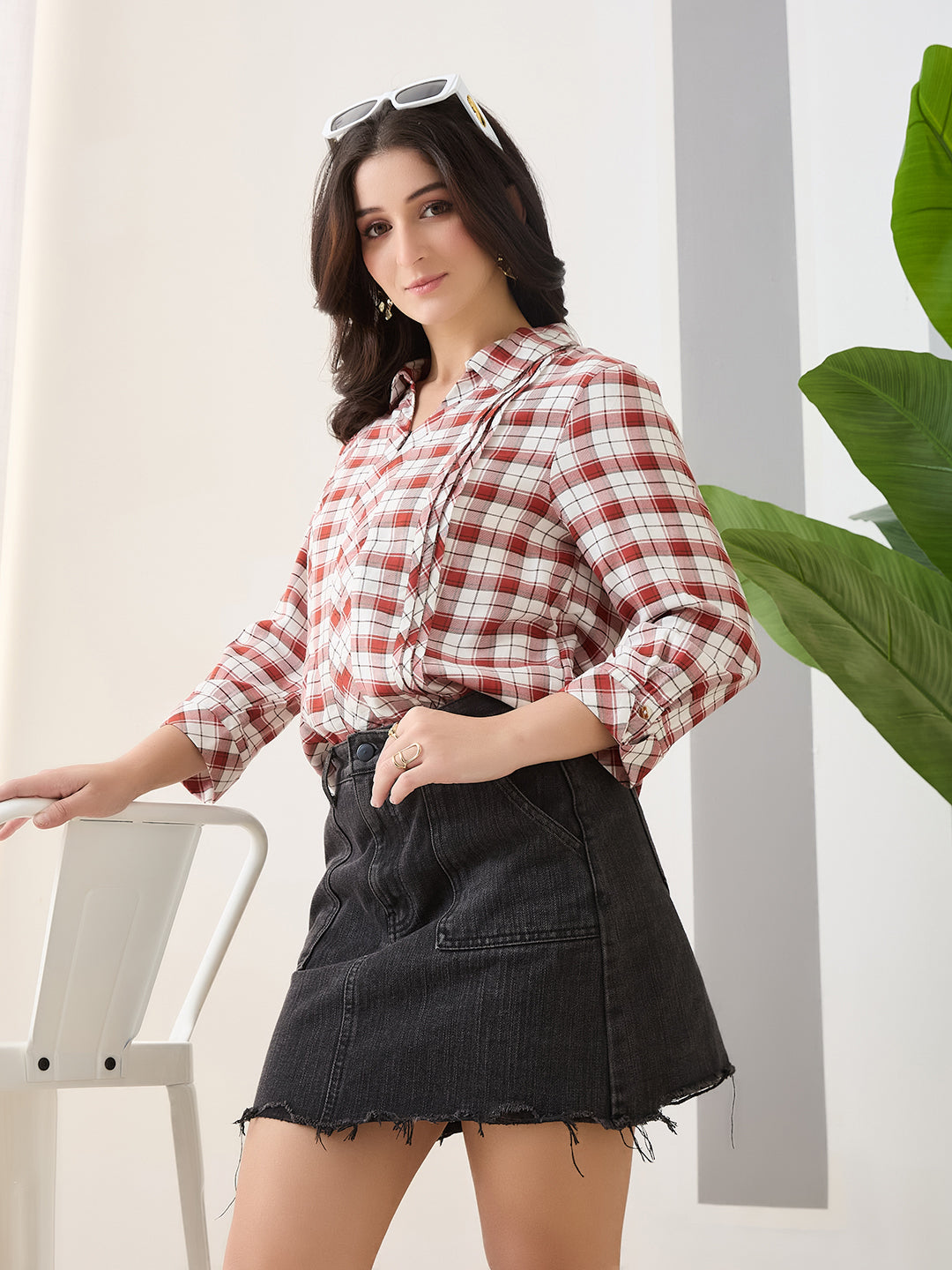 Latin Quarters Women Rust Checks 3/4th Sleeves Casual Shirt