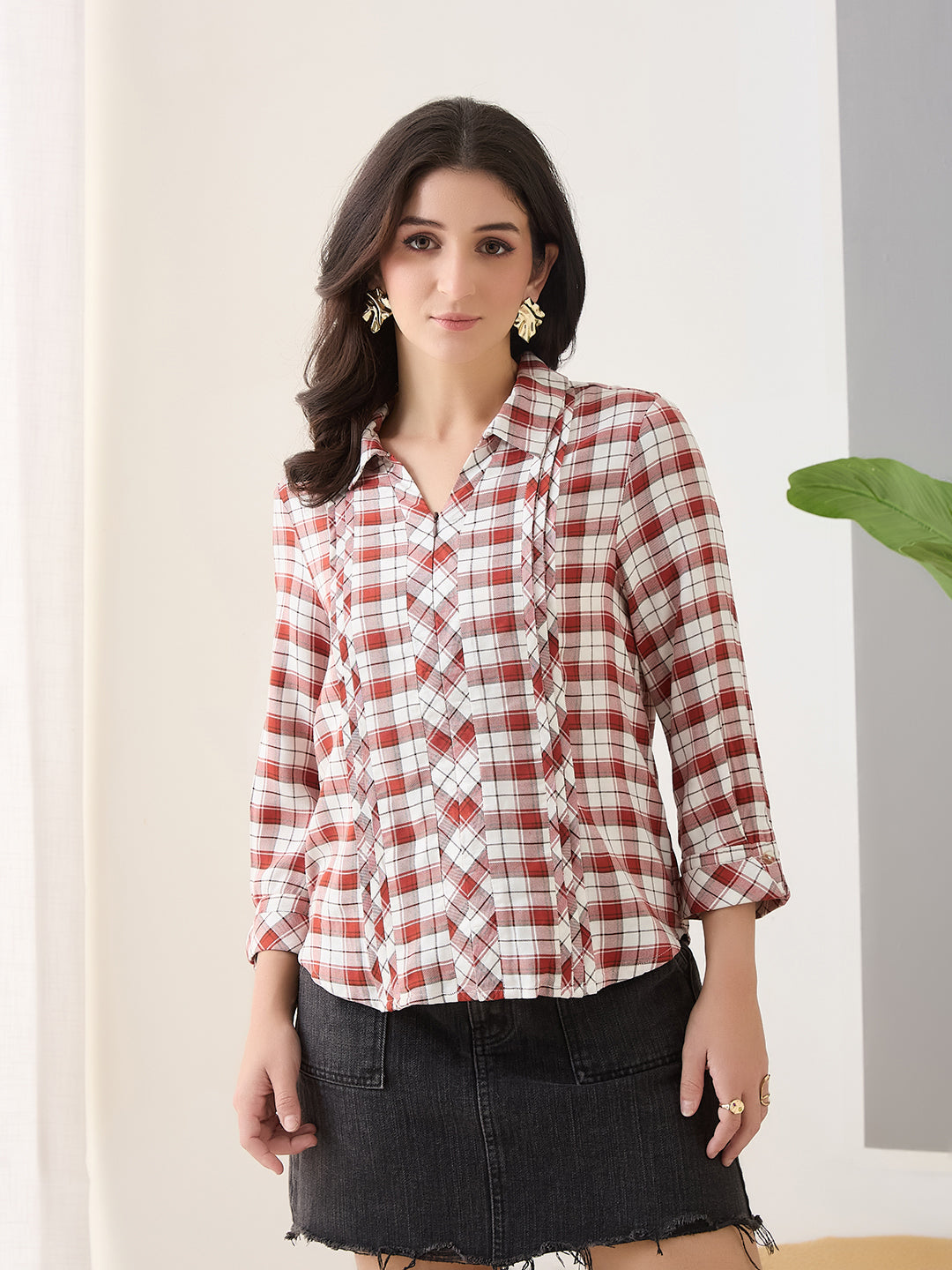 Latin Quarters Women Rust Checks 3/4th Sleeves Casual Shirt