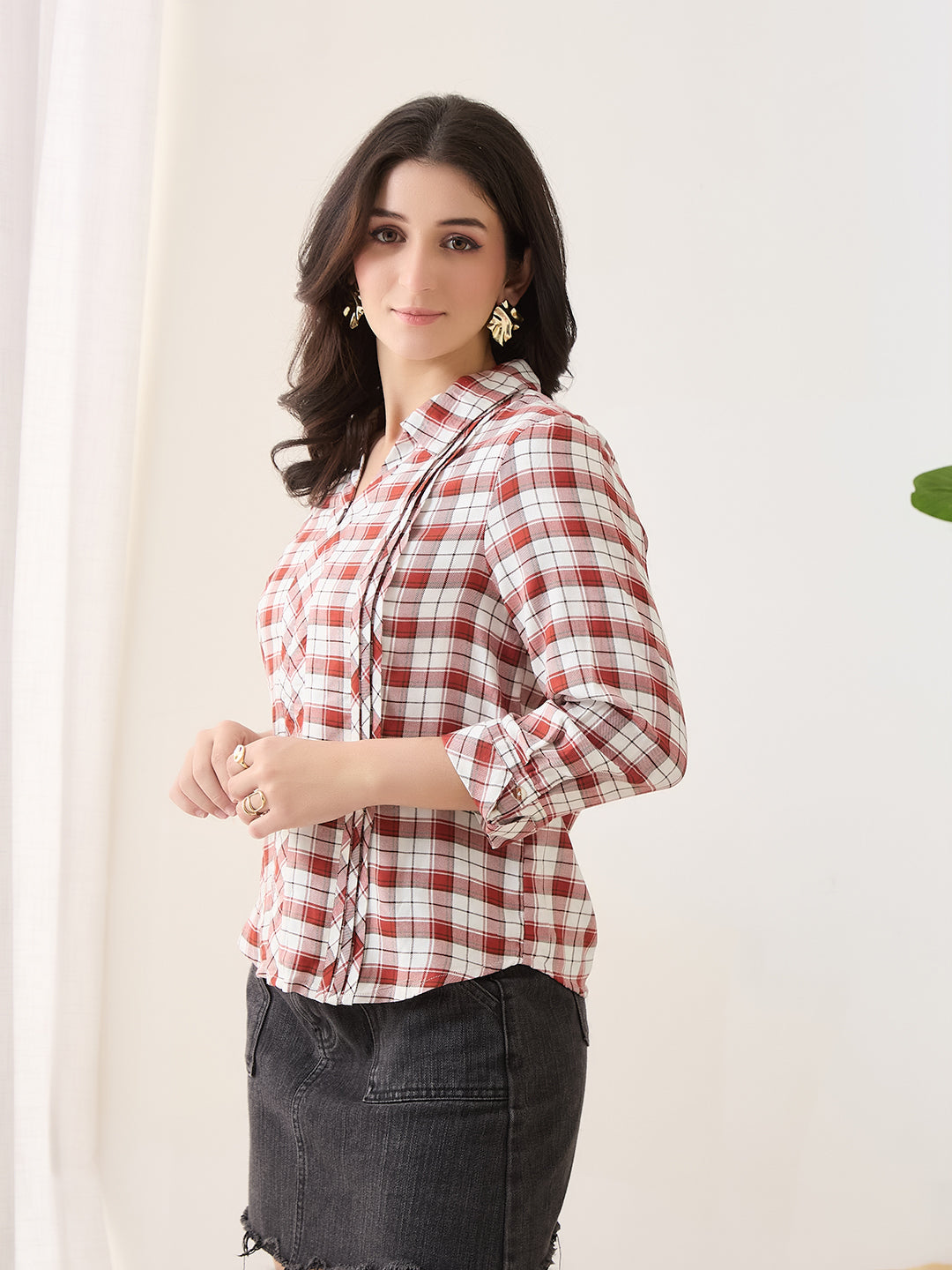 Latin Quarters Women Rust Checks 3/4th Sleeves Casual Shirt
