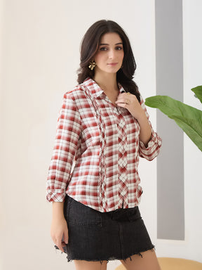 Latin Quarters Women Rust Checks 3/4th Sleeves Casual Shirt