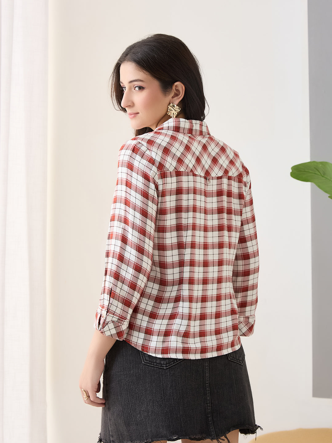 Latin Quarters Women Rust Checks 3/4th Sleeves Casual Shirt