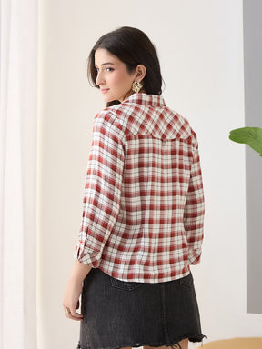 Latin Quarters Women Rust Checks 3/4th Sleeves Casual Shirt