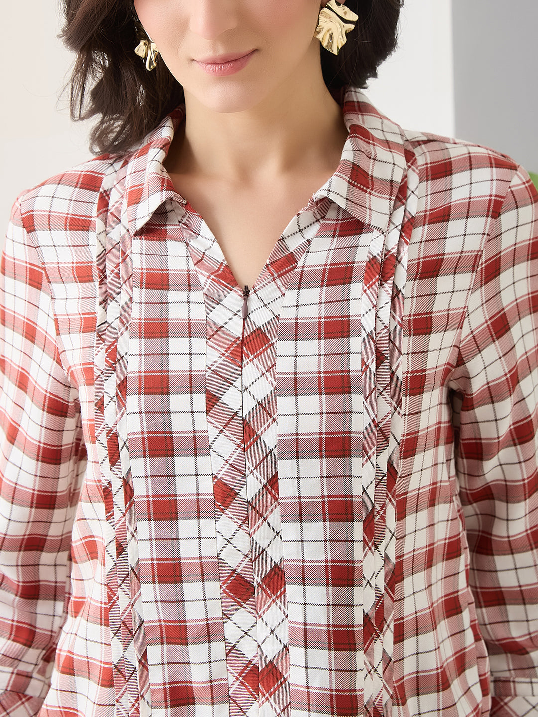 Latin Quarters Women Rust Checks 3/4th Sleeves Casual Shirt