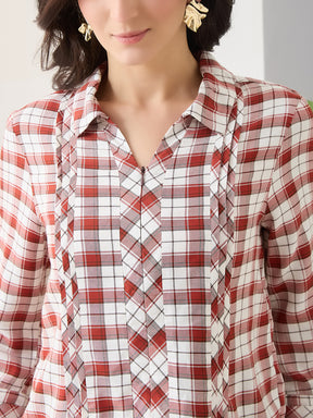 Latin Quarters Women Rust Checks 3/4th Sleeves Casual Shirt