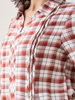 Latin Quarters Women Rust Checks 3/4th Sleeves Casual Shirt