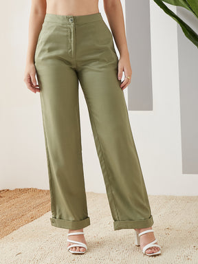 Latin Quarters Women Green Solid High Rise Casual Pant