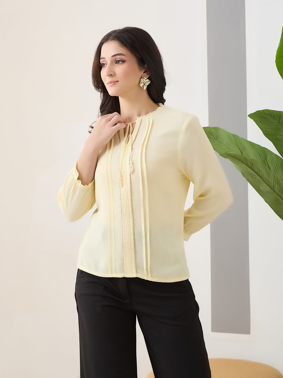 Latin Quarters Women Yellow Solid 3/4th Sleeves Round Neck Casual Tunic