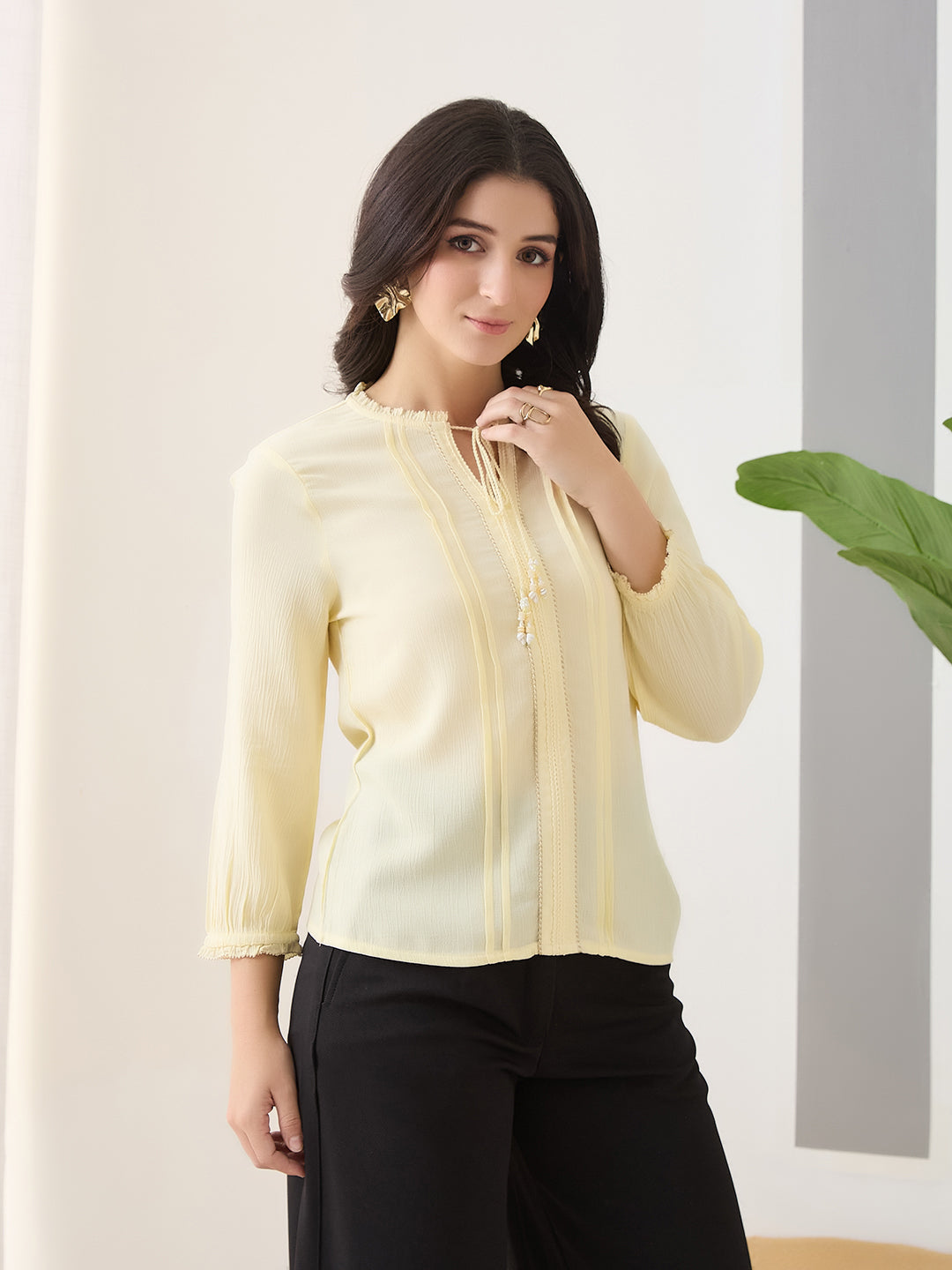 Latin Quarters Women Yellow Solid 3/4th Sleeves Round Neck Casual Tunic