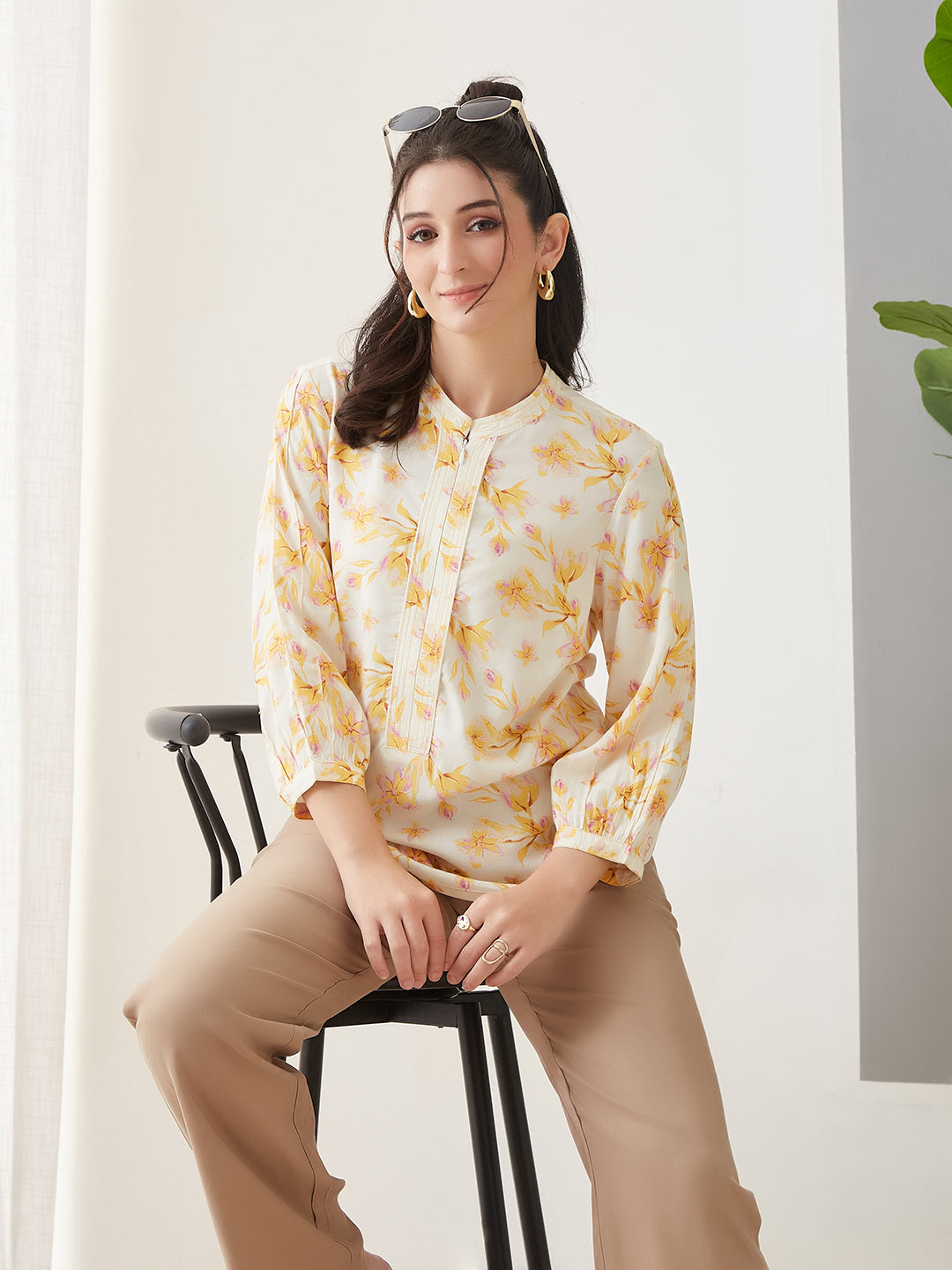 Latin Quarters Women Yellow Printed 3/4th Sleeves Round Neck Casual Tunic