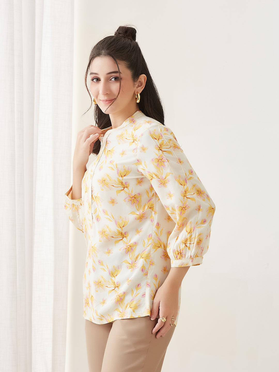 Latin Quarters Women Yellow Printed 3/4th Sleeves Round Neck Casual Tunic