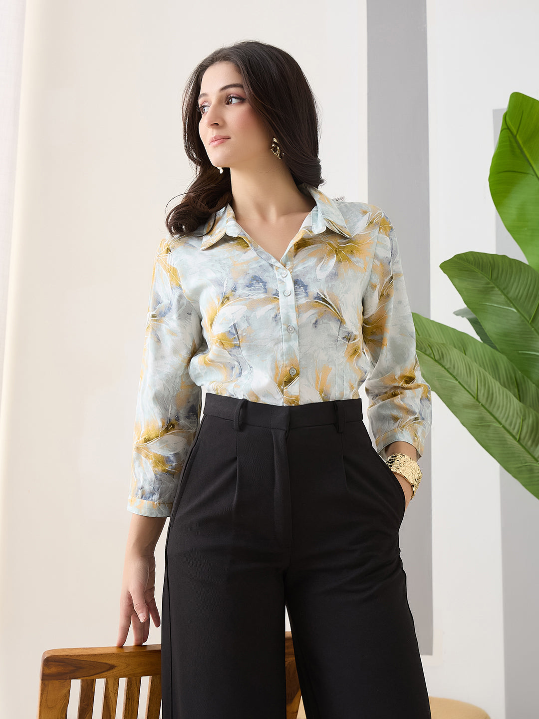 Latin Quarters Women Grey Printed 3/4th Sleeves Casual Shirt