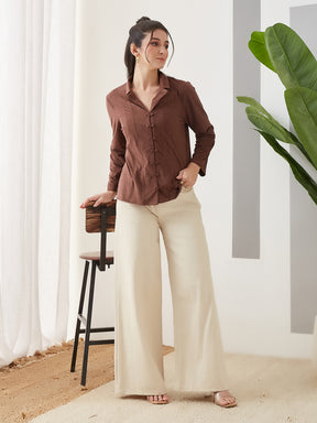 Latin Quarters Women Brown Solid Full Sleeves Casual Shirt