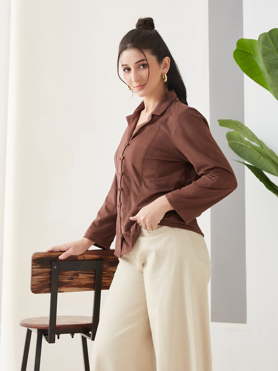 Latin Quarters Women Brown Solid Full Sleeves Casual Shirt