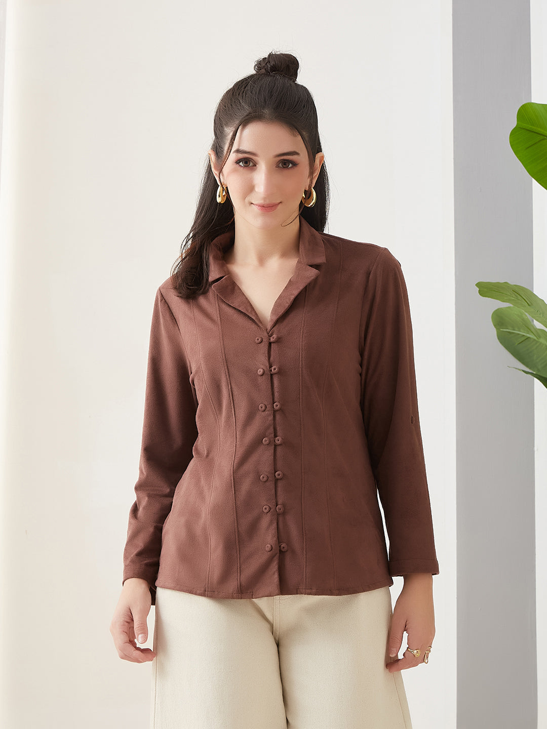 Latin Quarters Women Brown Solid Full Sleeves Casual Shirt