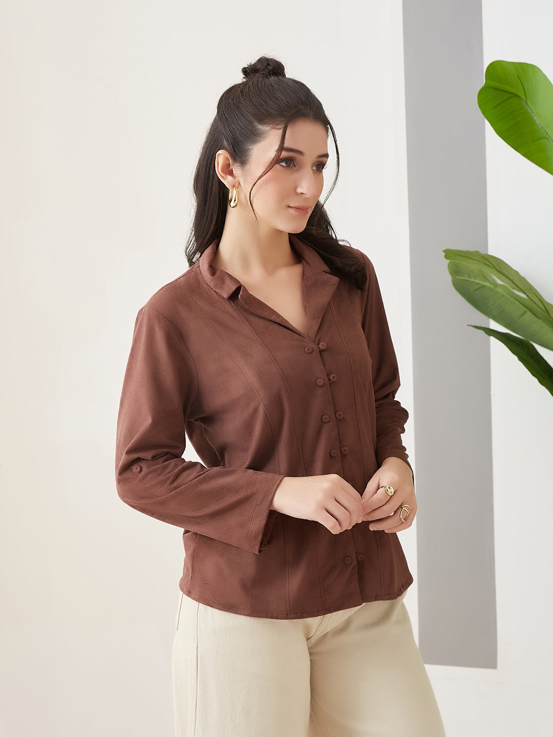 Latin Quarters Women Brown Solid Full Sleeves Casual Shirt