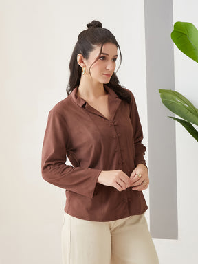 Latin Quarters Women Brown Solid Full Sleeves Casual Shirt