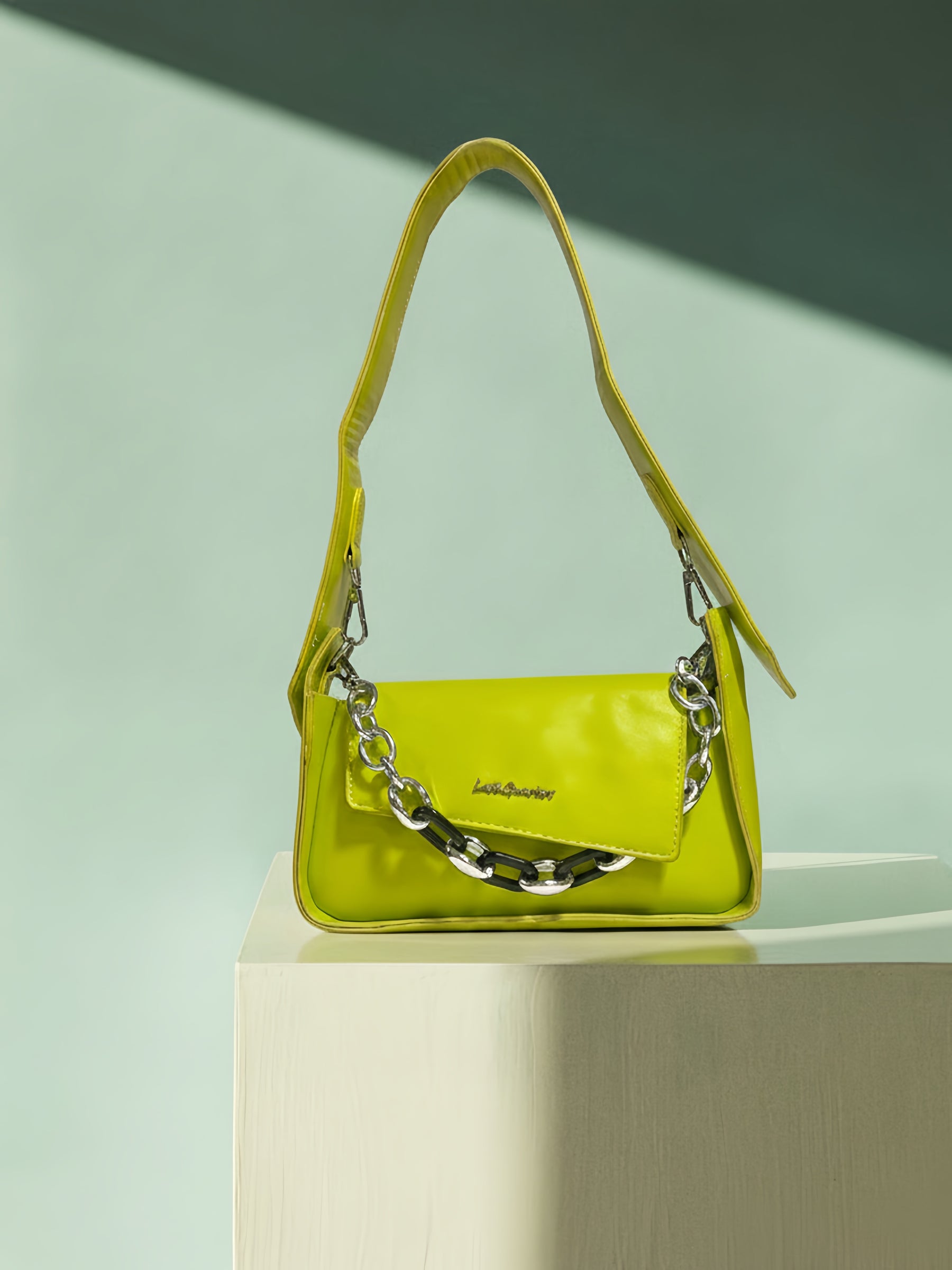 Latin Quarters Women's Neon Green Baguette Bag with Chunky Chain Detail