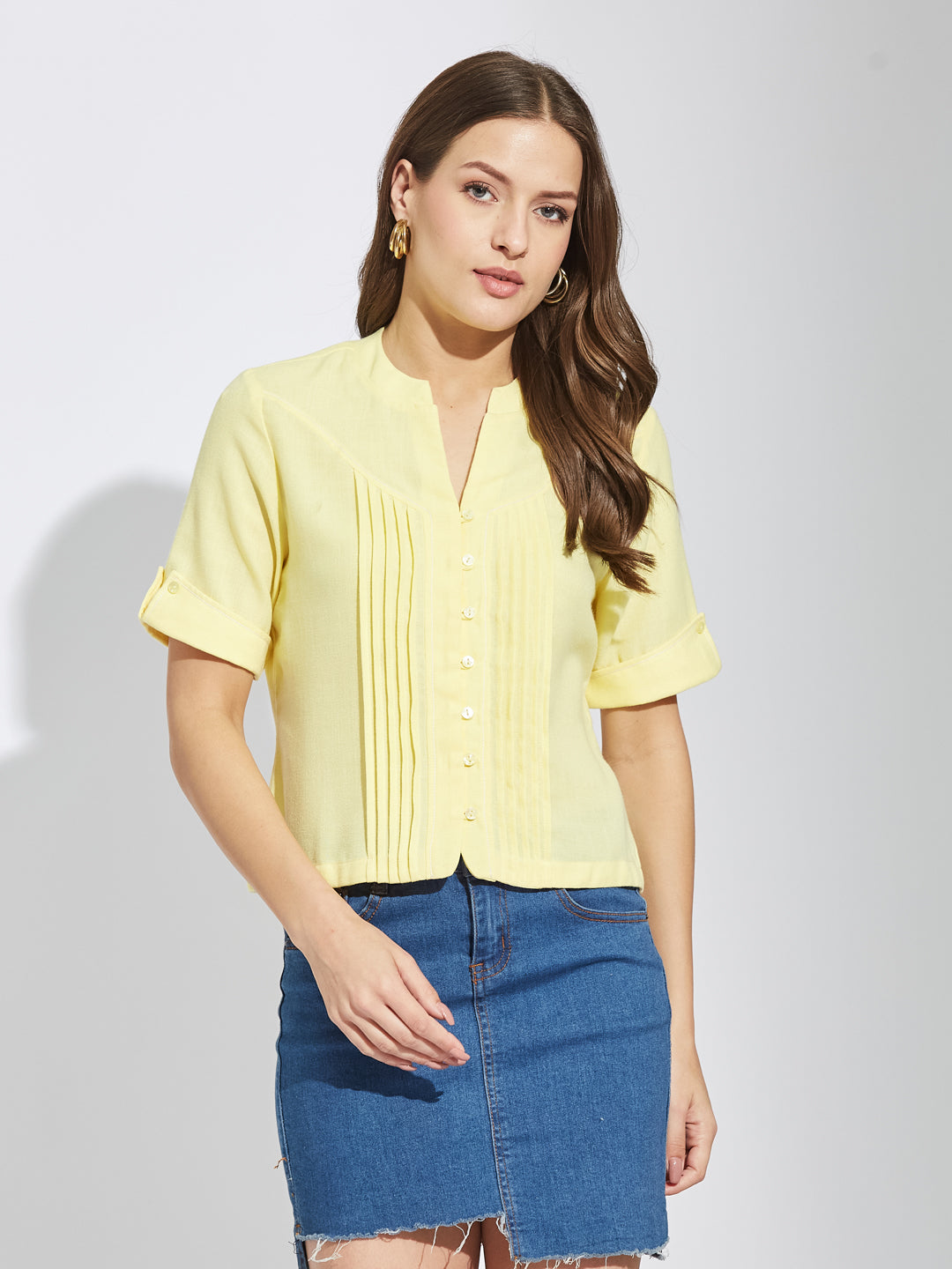 Latin Quarters Women Yellow Mandarin Collar Half Sleeves Solid Shirt Blouse For Casual Wear