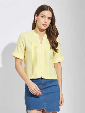 Latin Quarters Women Yellow Mandarin Collar Half Sleeves Solid Shirt Blouse For Casual Wear