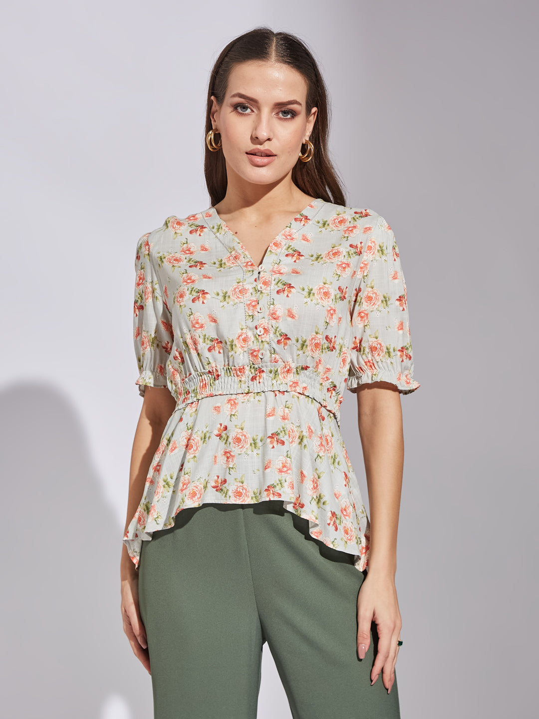 Latin Quarters Women Green V-Neck Half Sleeve Floral Top