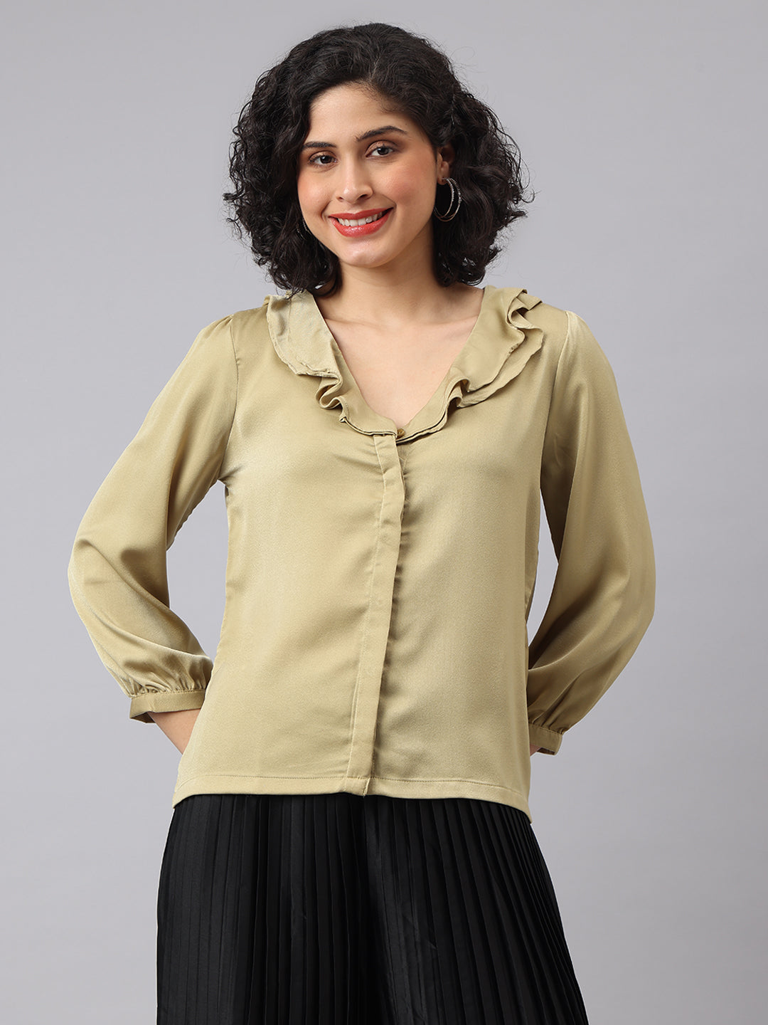 Latin Quarters Women Green V Neck Three-Quarter Sleeves Solid Shirt