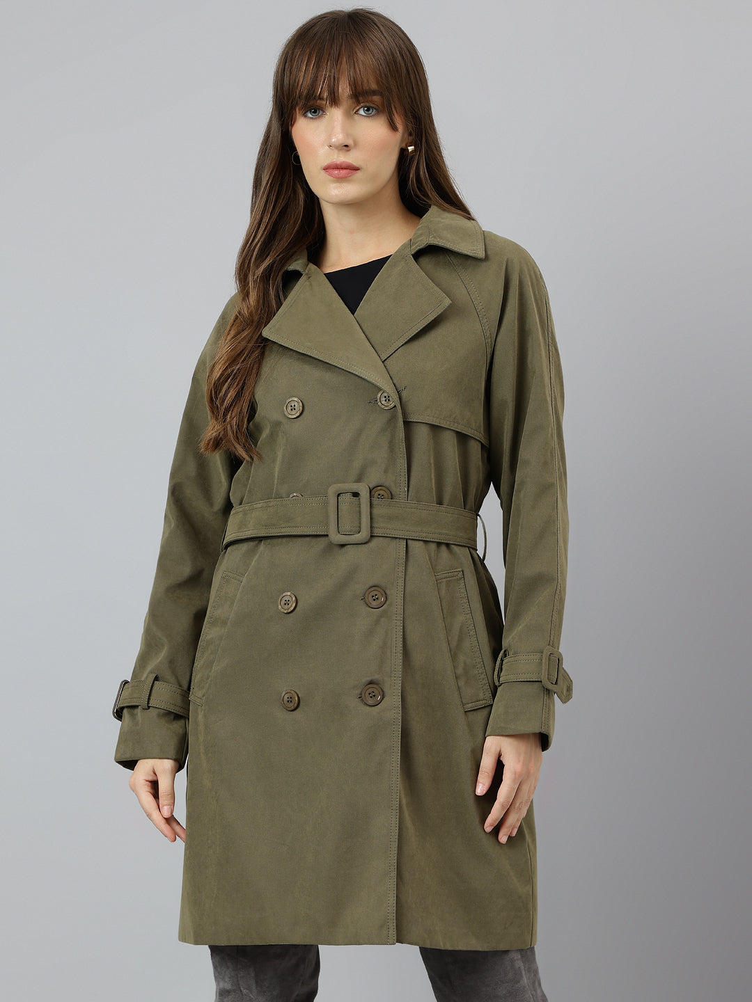 Latin Quarters Women Khaki Collar Neck Full Sleeve Solid Coat