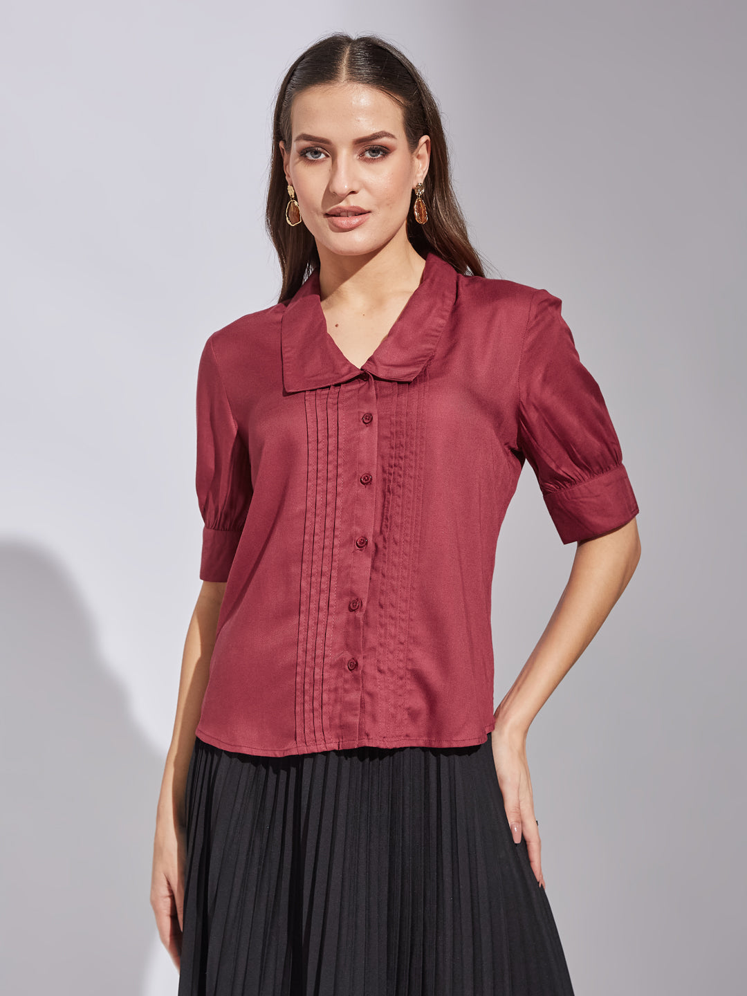 Latin Quarters Women Maroon Collar Neck Short Sleeves Solid Shirt