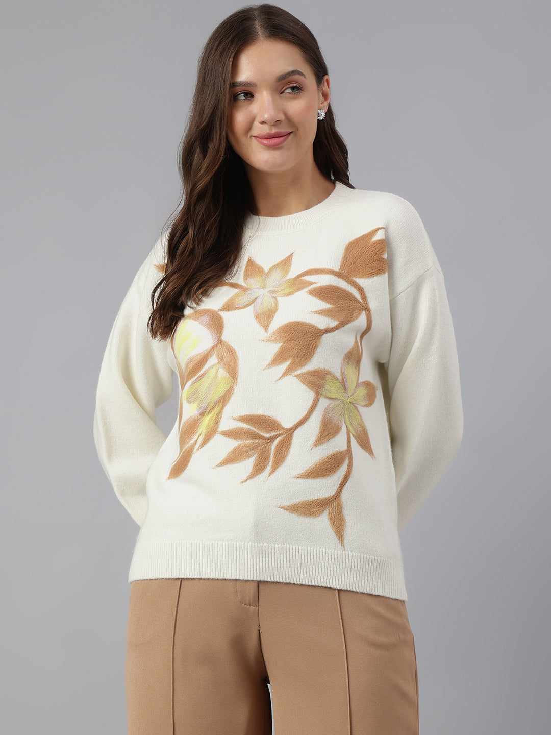 Latin Quarters Women Ivory Round Neck Full Sleeve Printed Sweater