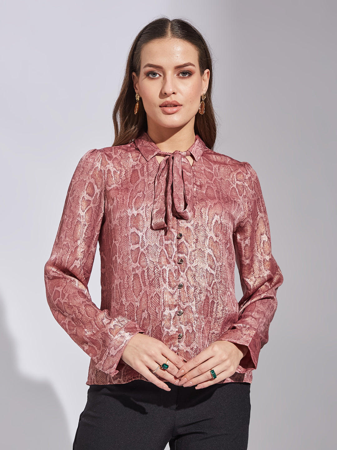 Latin Quarters Women Pink Collar Neck Full Sleeve Printed Top