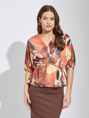 Latin Quarters Women Orange V-Neck Half Sleeves Printed Top Blouse For Party Wear