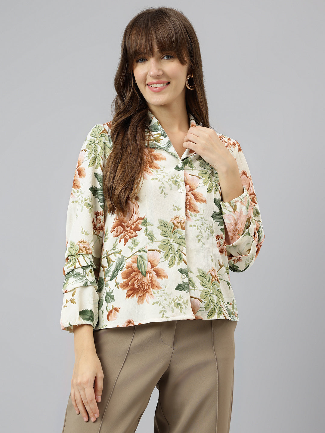 Latin Quarters Women Brown Collar Neck Three-Quarter Sleeves Printed Shirt