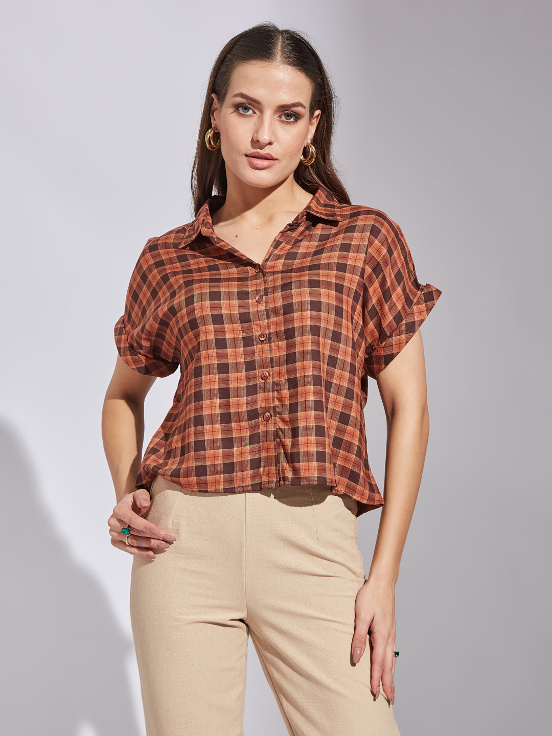 Latin Quarters Women Brown Collar Neck Short Sleeves Checked Shirt