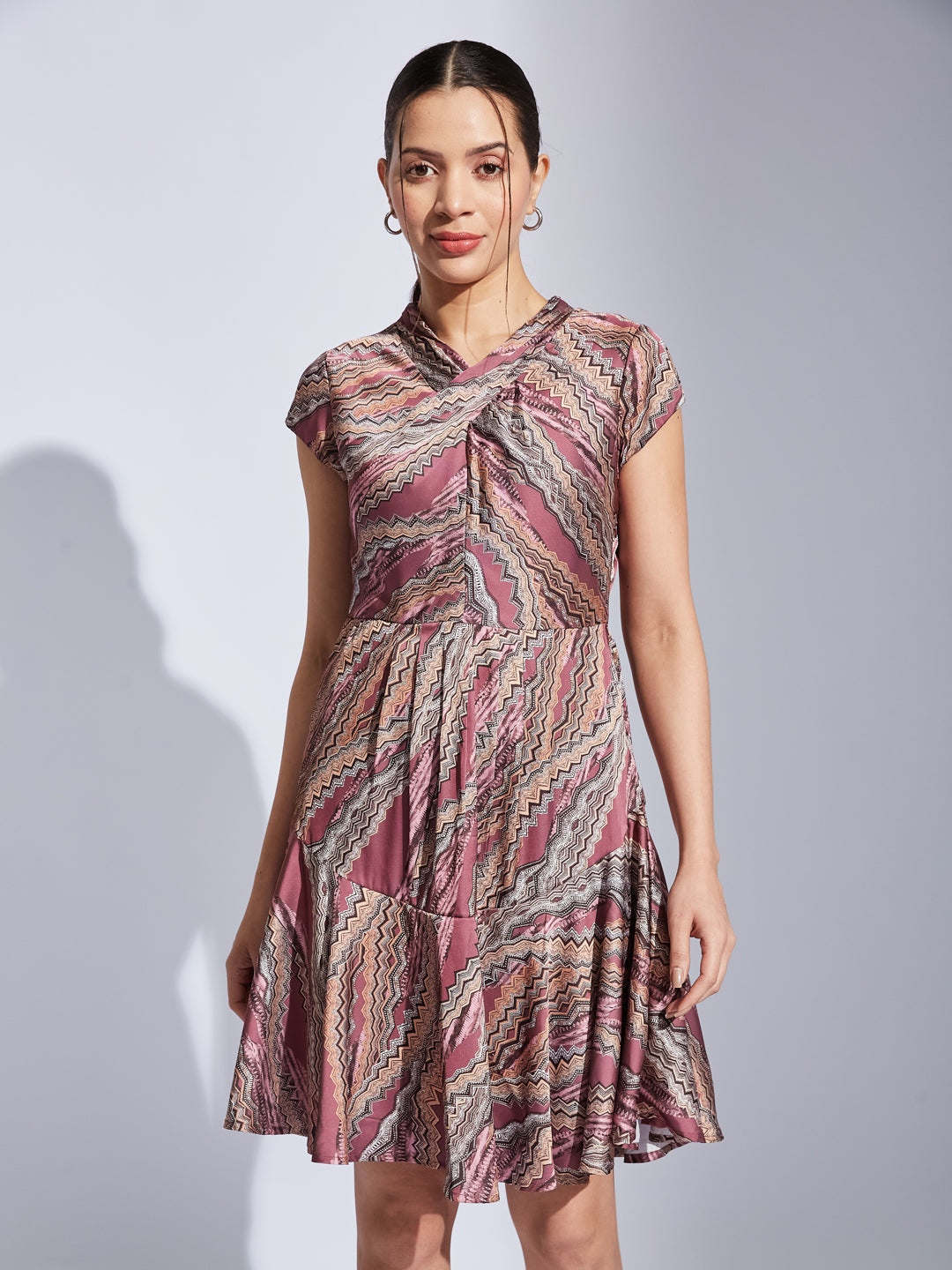 Latin Quarters Women Pink V-Neck Cap Sleeve Printed Fit & Flare Dress For Casual Wear