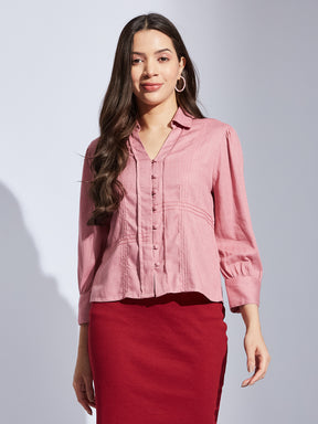 Latin Quarters Women Pink Collared Full Sleeves Solid Shirt Blouse