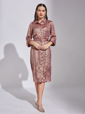Latin Quarters Women Pink Shirt Collar 3/4Th Sleeves Printed Dress