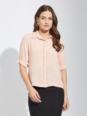 Latin Quarters Women Peach Collar Neck Half Sleeves Solid Shirt Blouse For Casual Wear