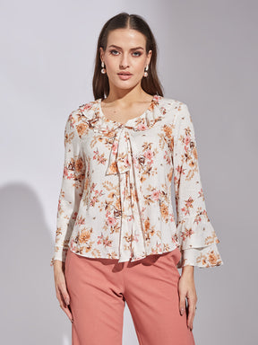 Latin Quarters Women Orange Round Neck Full Sleeve Floral Top