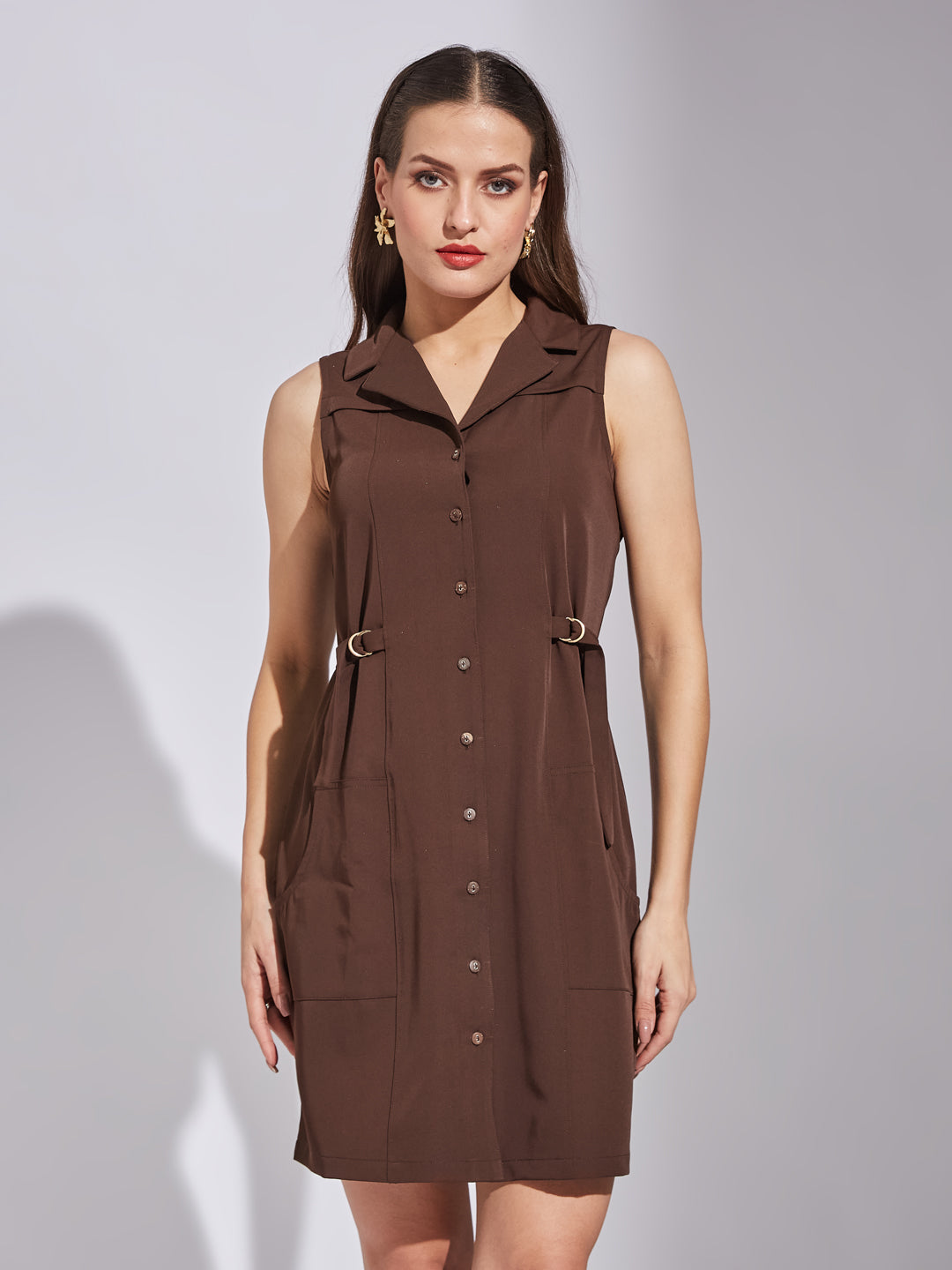 Latin Quarters Women Brown Shirt Collar Sleeveless Solid Dress