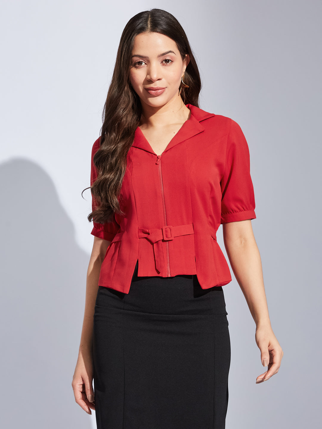 Latin Quarters Women Red Collared Half Sleeves Solid Top Blouse For Casual Wear