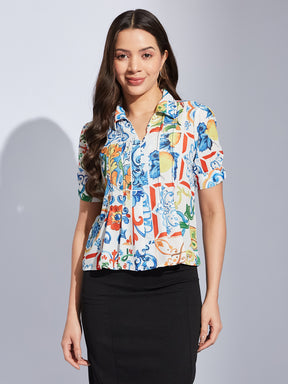 Latin Quarters Women White Collared Short Sleeve Printed Shirt Blouse For Casual Wear