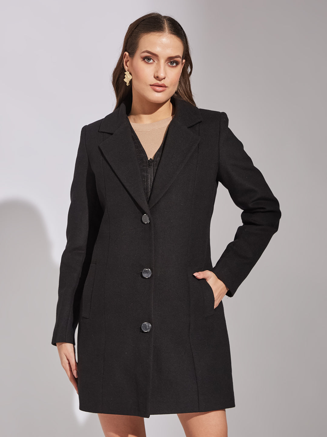 Latin Quarters Women Black Collar Neck Full Sleeve Solid Coat For Casual Wear