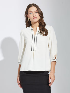 Latin Quarters Women Ivory Round Neck 3/4Th Sleeves Solid Top Blouse For Casual Wear