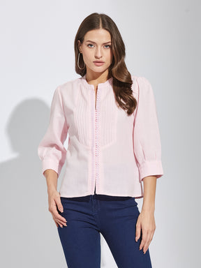 Latin Quarters Women Pink Round Neck 3/4Th Sleeves Solid Tunic Blouse For Casual Wear