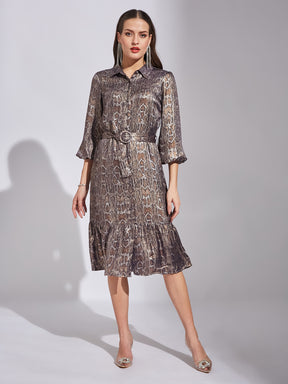 Latin Quarters Women Grey Shirt Collar 3/4Th Sleeves Printed Dress