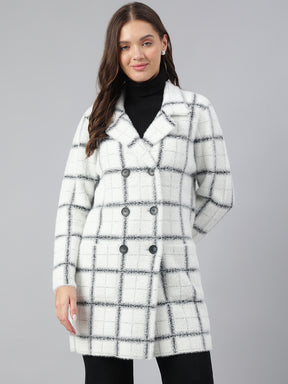 Latin Quarters Women Ivory Collar Neck Full Sleeve Checked Coat