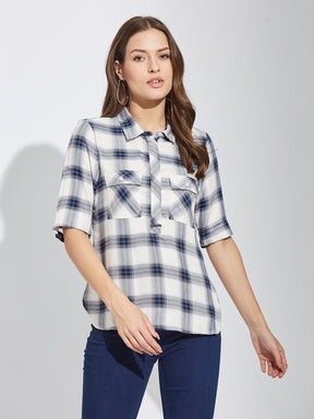 Latin Quarters Women Blue Collar Neck Half Sleeves Checked Shirt Blouse For Casual Wear