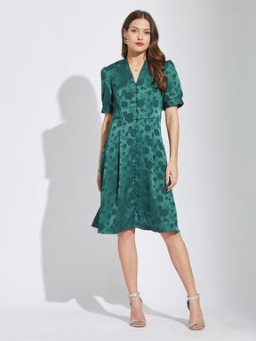 Latin Quarters Women Green V-Neck Half Sleeves Printed A-Line Dress For Party Wear
